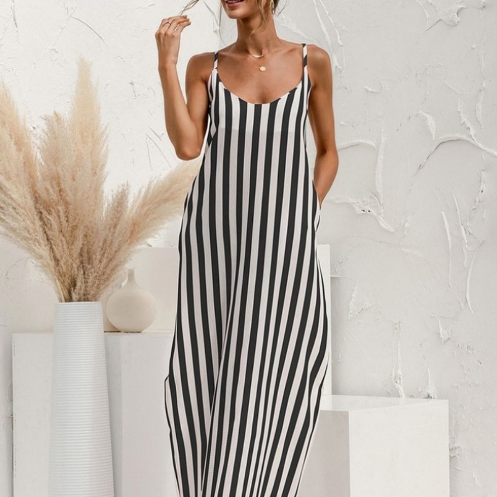 Women Black Stripe Pocket Maxi Dress Size Small